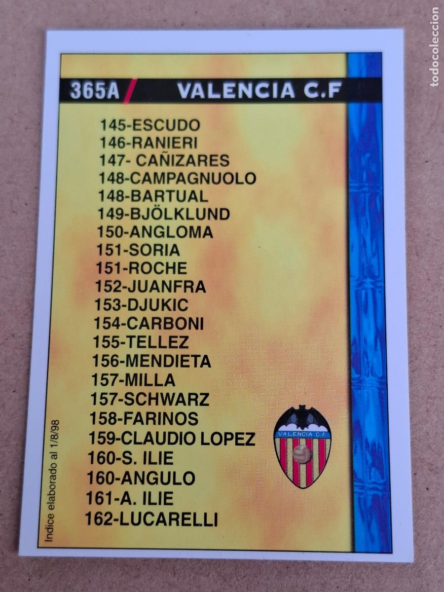 Cromos de f&uacute;tbol: MUNDICROMO 98 99 1998 1999 - 365A INDICE VALENCIA CF / RCD. ESPANYOL ( 1/8/98 ) - CP14
