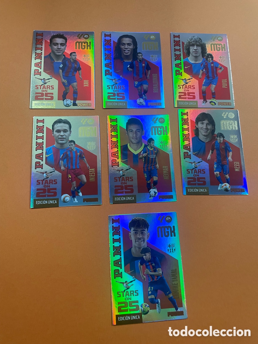 Cromos de f&uacute;tbol: Megacracks Bar&ccedil;a Messi -Xavi-Ronaldinho-Puyol-Iniesta -Neymar -Lamine Yamal