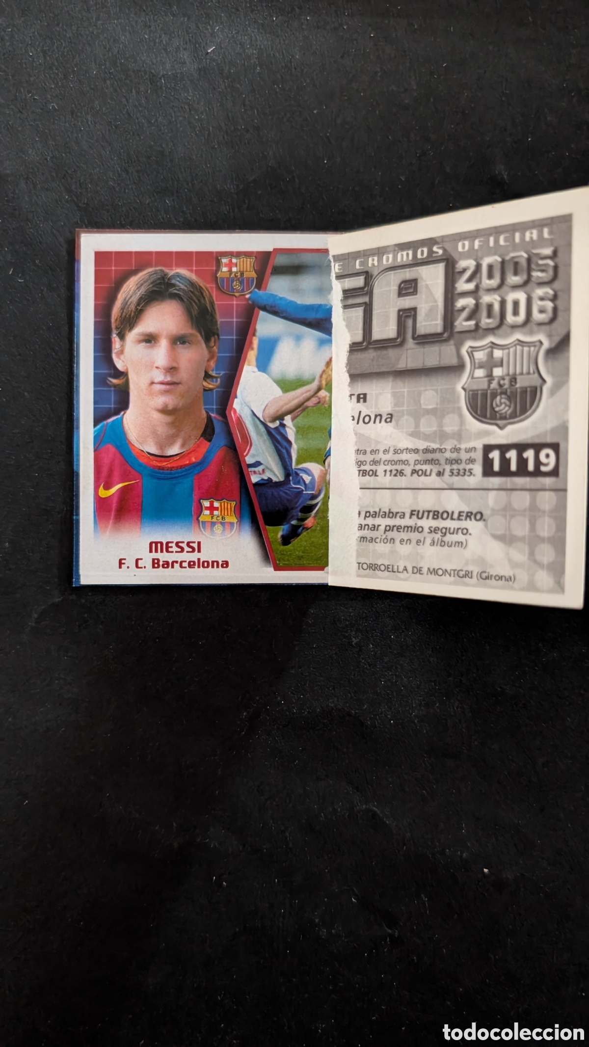 Cromos de f&uacute;tbol: MESSI BARCELONA CON CROMO INIESTA ENCIMA LIGA ESTE 2005/06 05 06 RECORTADO