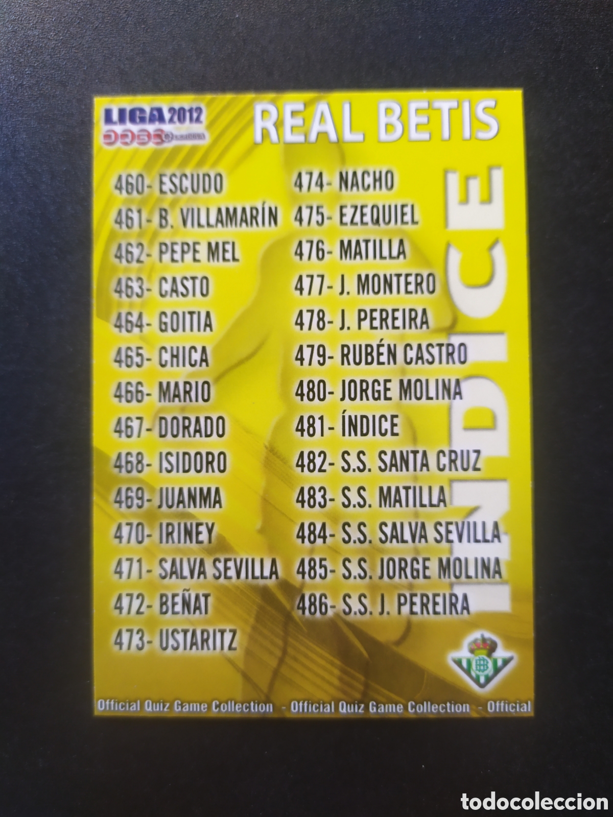 Cromos de f&uacute;tbol: Mundicromo fichas Liga 2011 2012 11 12 indice n&deg; 481 Real Betis