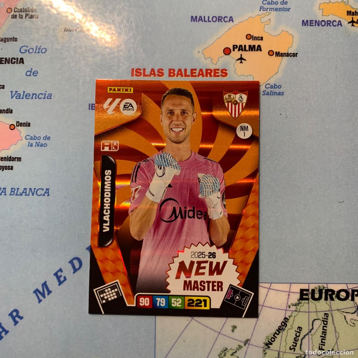 Cromos de f&uacute;tbol: Vlachodimos New Master numero 1 del Sevilla cromo adrenalyn XL 25-26 2025-2026