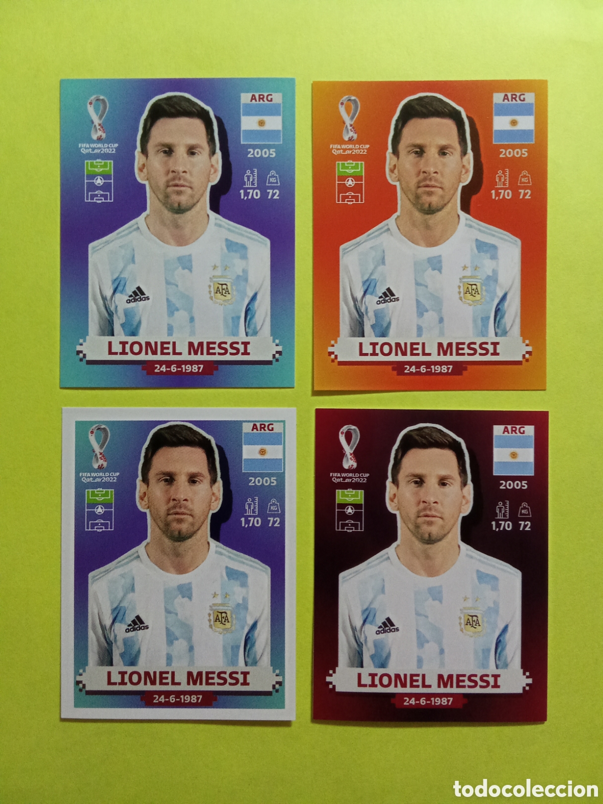 Figurine di Calcio: LOTE 4 VERSION STICKER MESSI ARGENTINA MUNDIAL QATAR 22 NARANJA AZUL BLANCO Y ORYX