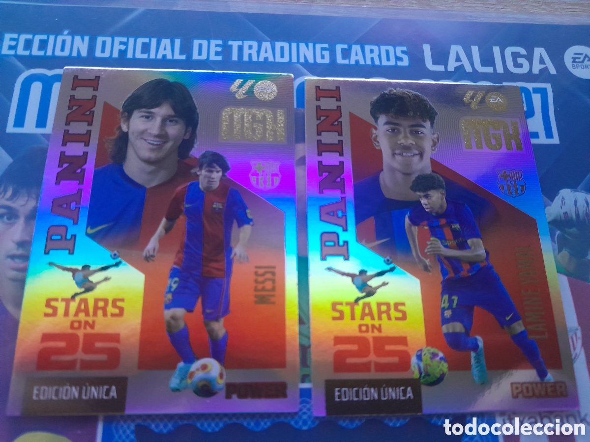 Cromos de f&uacute;tbol: messi y lamine yamal BARCELONA STARS ON 25 EDICION UNICA POWER MEGACRACKS LIGA 2026 2027 26 27