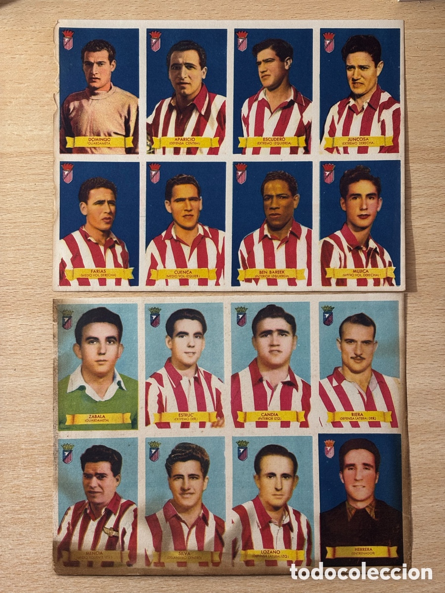 Fu&szlig;ball-Sticker: 2 L&aacute;minas, 16 cromos Atletico de Madrid Ed. Bruguera Campeones 1949-50 sin cortar ni pegar Ben Barek