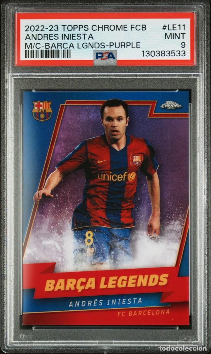Cromos de f&uacute;tbol: Iniesta #LE11 08/15 FC Barcelona Topps Chrome Bar&ccedil;a Legends Purple 2022 23 PSA 9