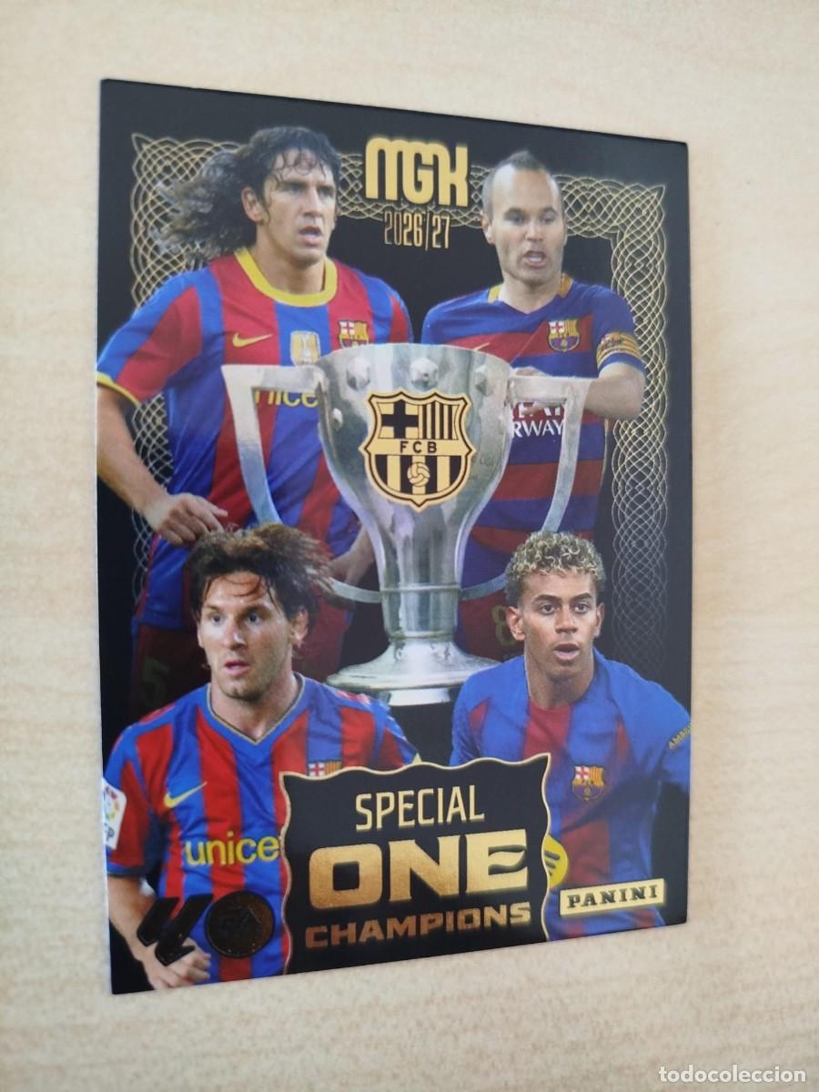 Cromos de f&uacute;tbol: FC BARCELONA 26 27 PANINI MEGACRACKS SPECIAL ONE CHAMPIONS MESSI & LAMINE YAMAL