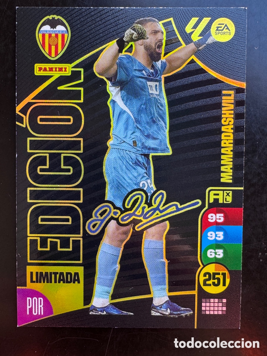 Football Stickers: Mamardashvili Edici&oacute;n limitada firmada Valencia Sobre Premium Adrenalyn 2024/25