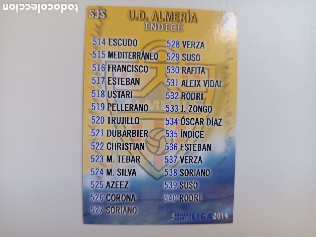Cartes &agrave; collectionner de Football: ❇️ CROMO ⚽ &Iacute;NDICE ALMER&Iacute;A 535 FICHAS LIGA QUIZ GAME 2014 13 14 2013 2014 MUNDICROMO ❇️