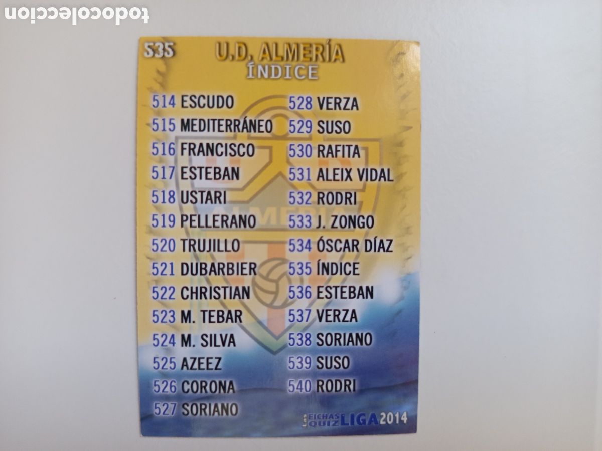 Cartes &agrave; collectionner de Football: ❇️ CROMO ⚽ &Iacute;NDICE ALMER&Iacute;A 535 FICHAS LIGA QUIZ GAME 2014 13 14 2013 2014 MUNDICROMO ❇️