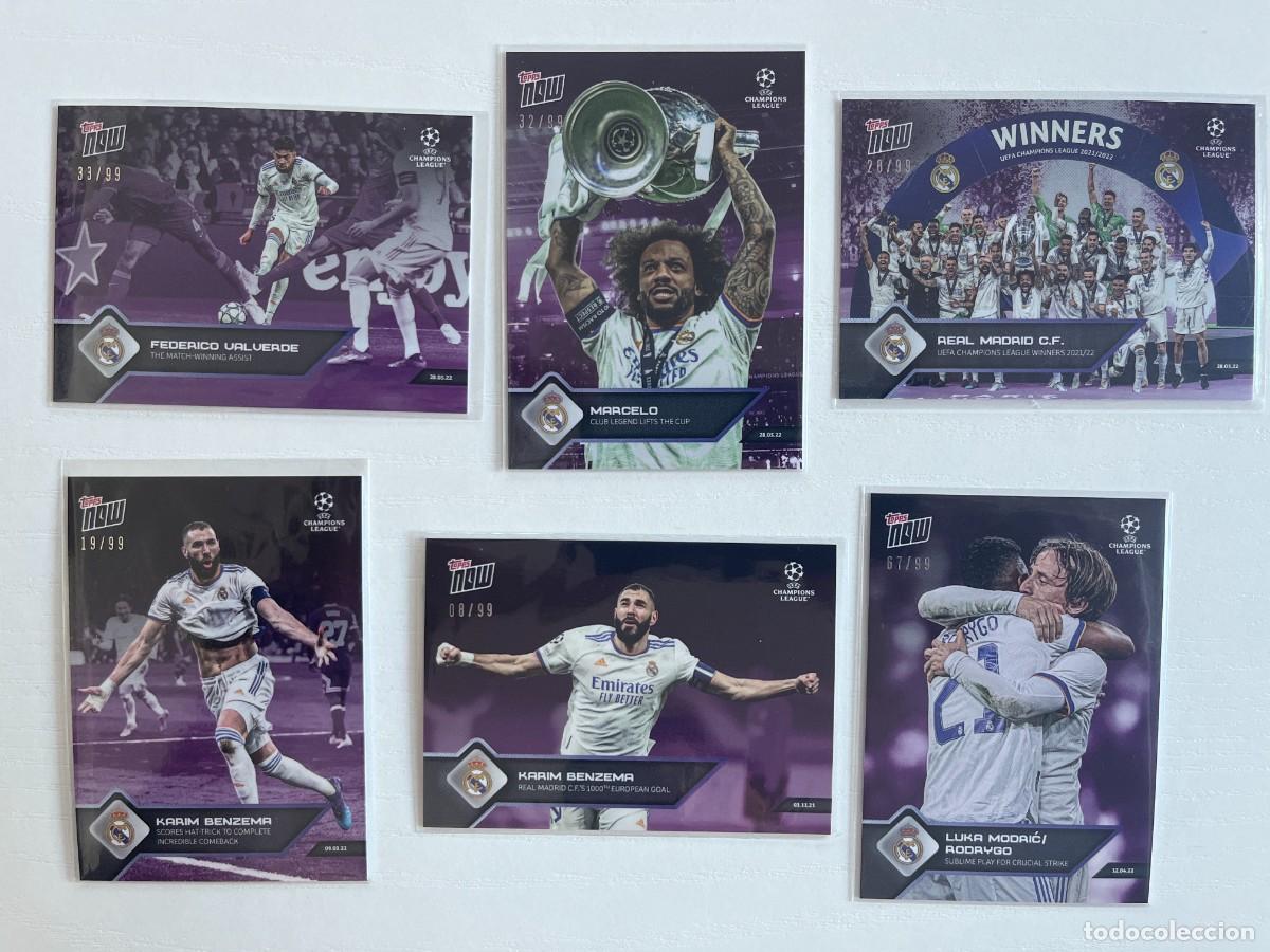 Cromos de Futebol: REAL MADRID Lote 6 Cartas Purple /99 2021-22 Topps Now UCL - Benzema, Modric, Valverde, Marcelo
