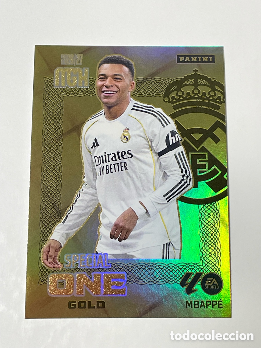 Cromos de f&uacute;tbol: Kilian Mbapp&eacute; Real Madrid Panini Megacracks 26/27 Special One Gold.