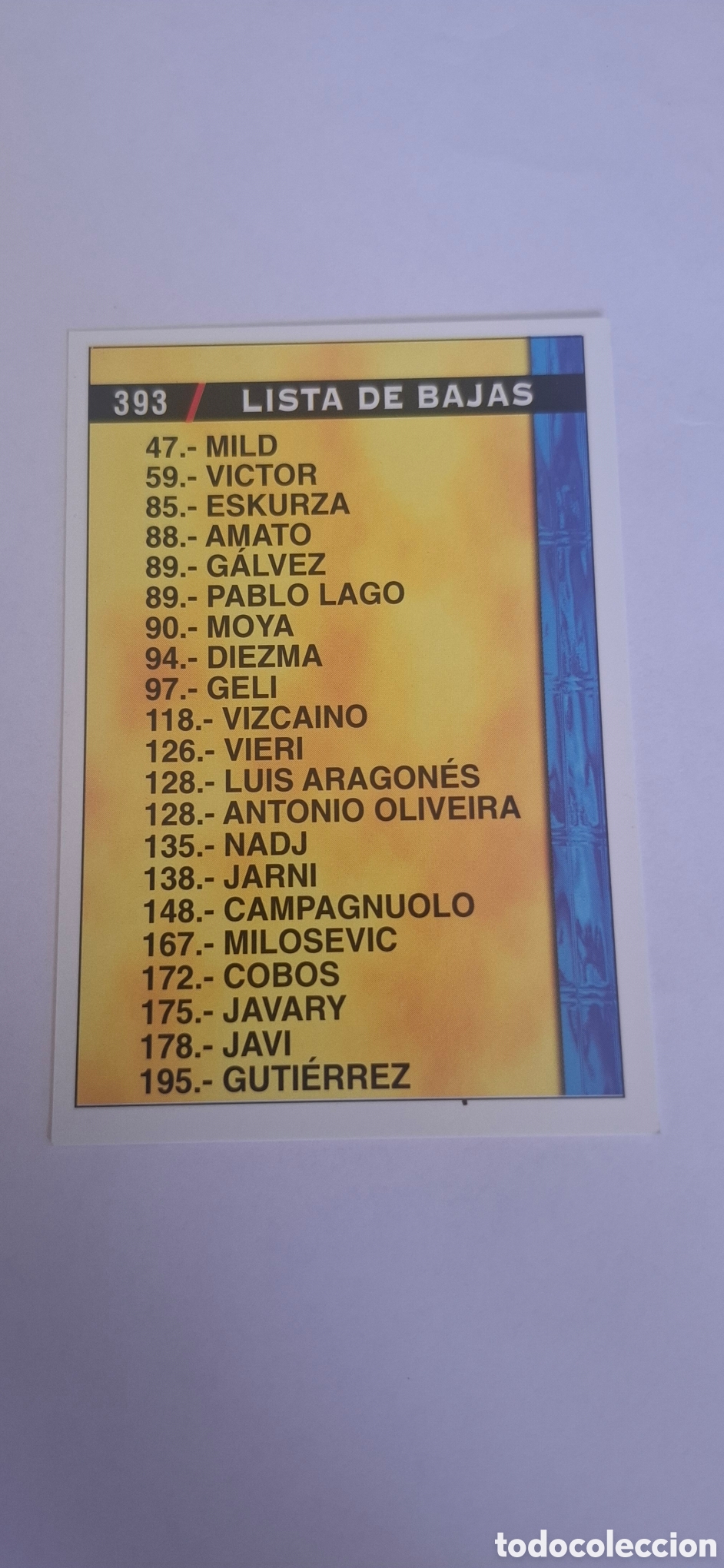 Cromos de f&uacute;tbol: Lista de bajas - N&ordm; 393, Error, n&ordm; 394 - Mundicromo -Fichas Liga 1998-1999, 98-99