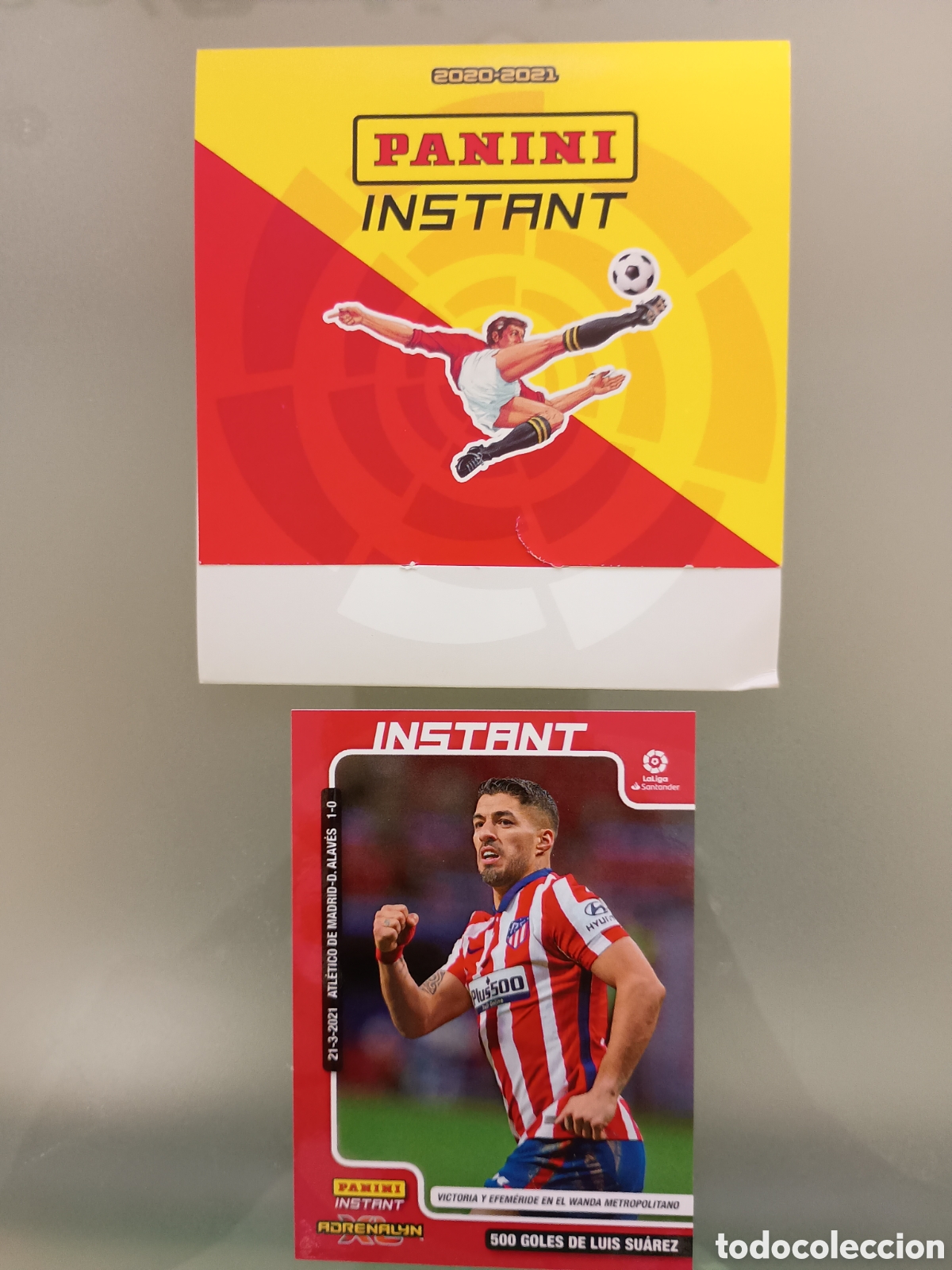 Cromos de f&uacute;tbol: Lu&iacute;s Su&aacute;rez (At. Madrid) 500 goles. Panini Instant. Adrenalyn 2020-21