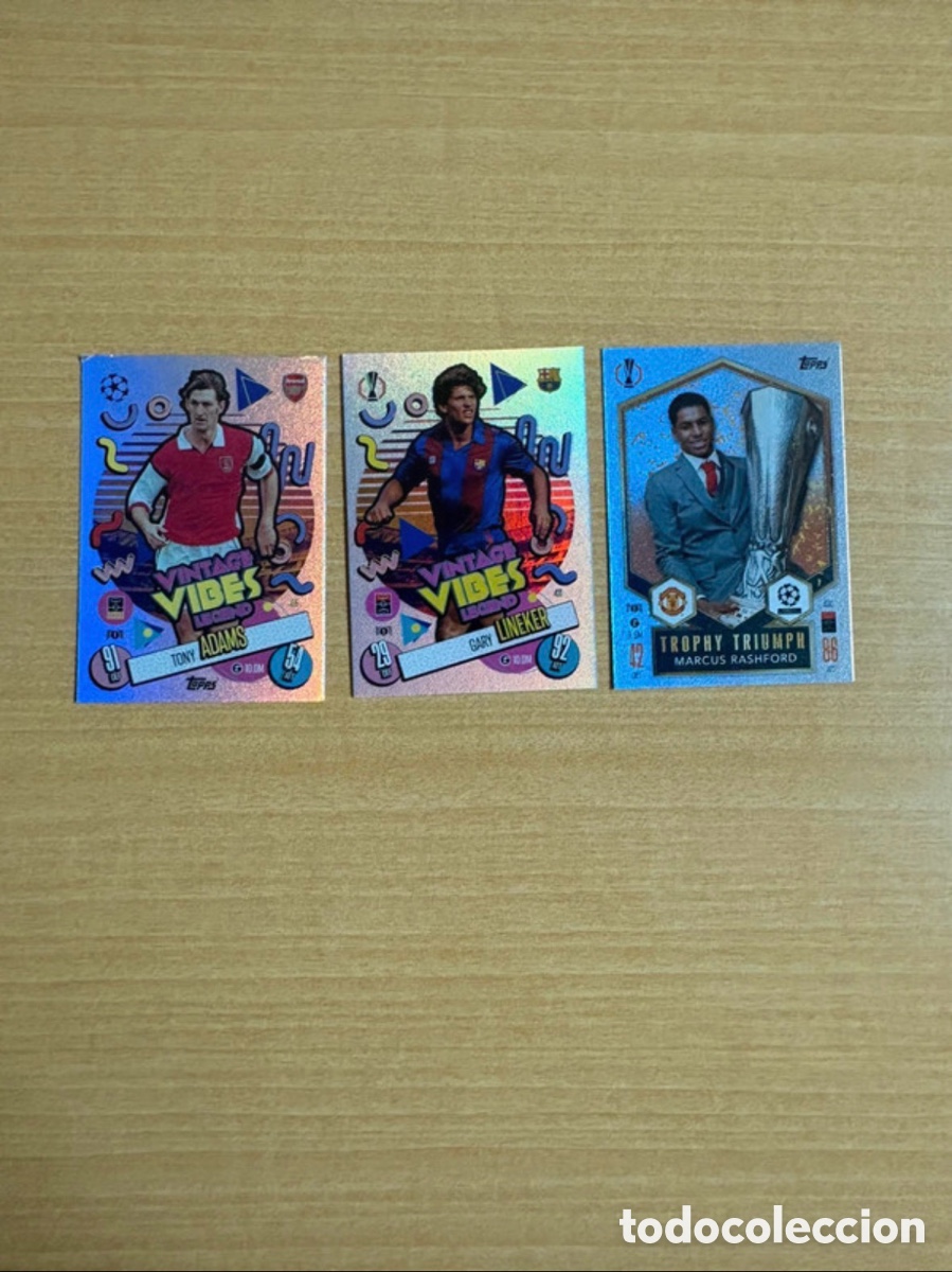 Cromos de f&uacute;tbol: Colecci&oacute;n de 3 cartas de f&uacute;tbol de la colecci&oacute;n Vintage Vibes y Trophy Triumph de Topps