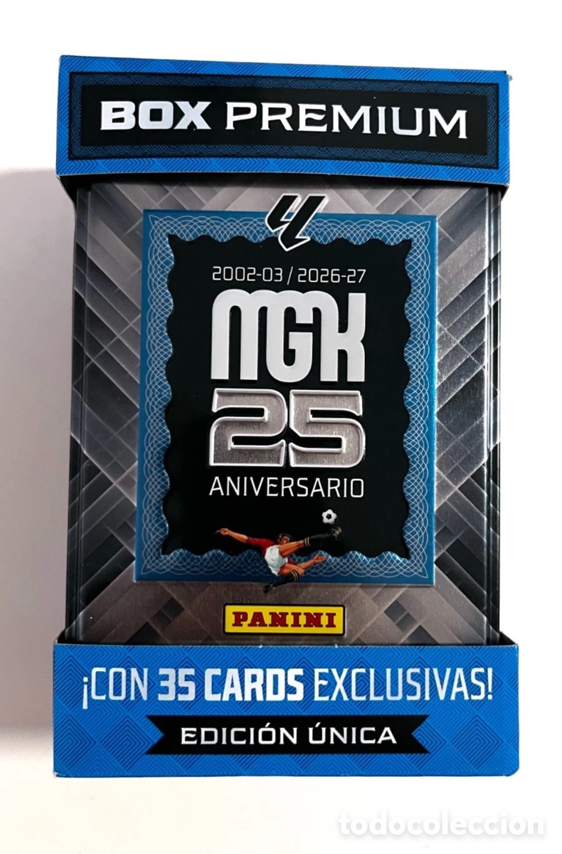 Cromos de f&uacute;tbol: Box Premium Megacracks 2026-27 Unica 25 Aniversario 26 27 Messi Cristiano Lamine Yamal
