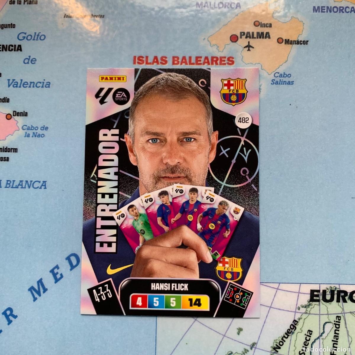 Cromos de f&uacute;tbol: Hansi Flick entrenador n&uacute;mero 482 del Barcelona cromo adrenalyn XL 25-26 2025-2026