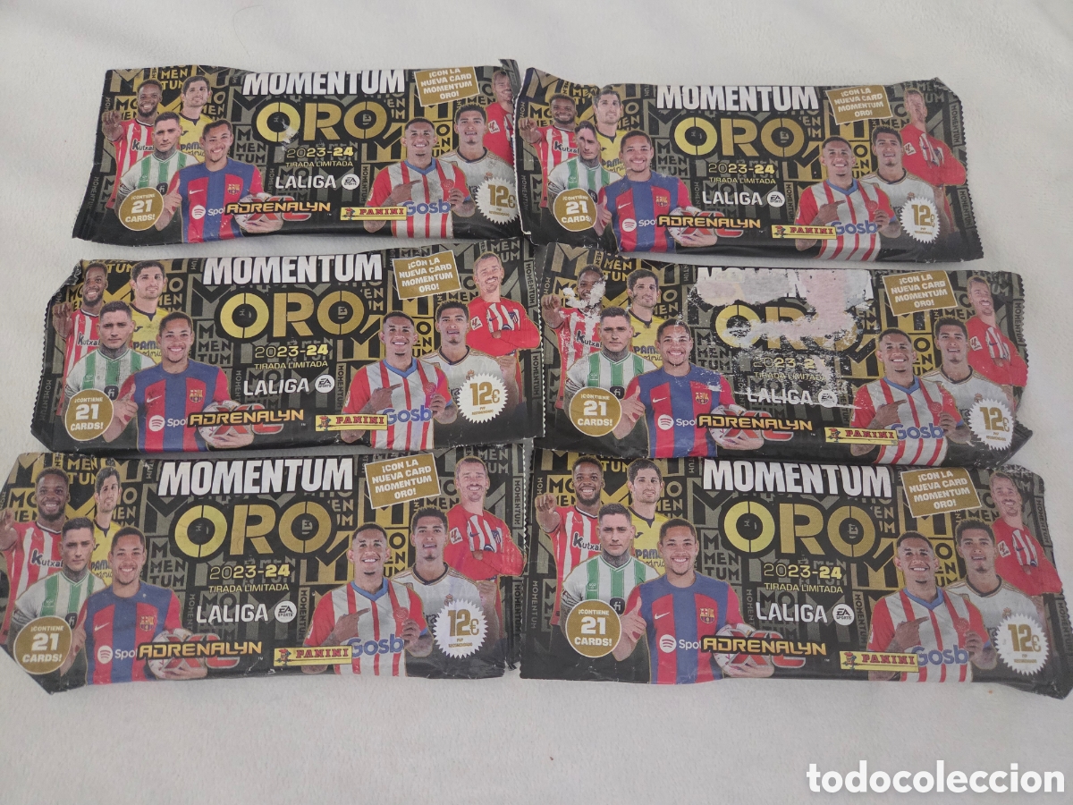 Cromos de f&uacute;tbol: 6 sobres panini adrenalyn momentum oro 23/24 leer bien