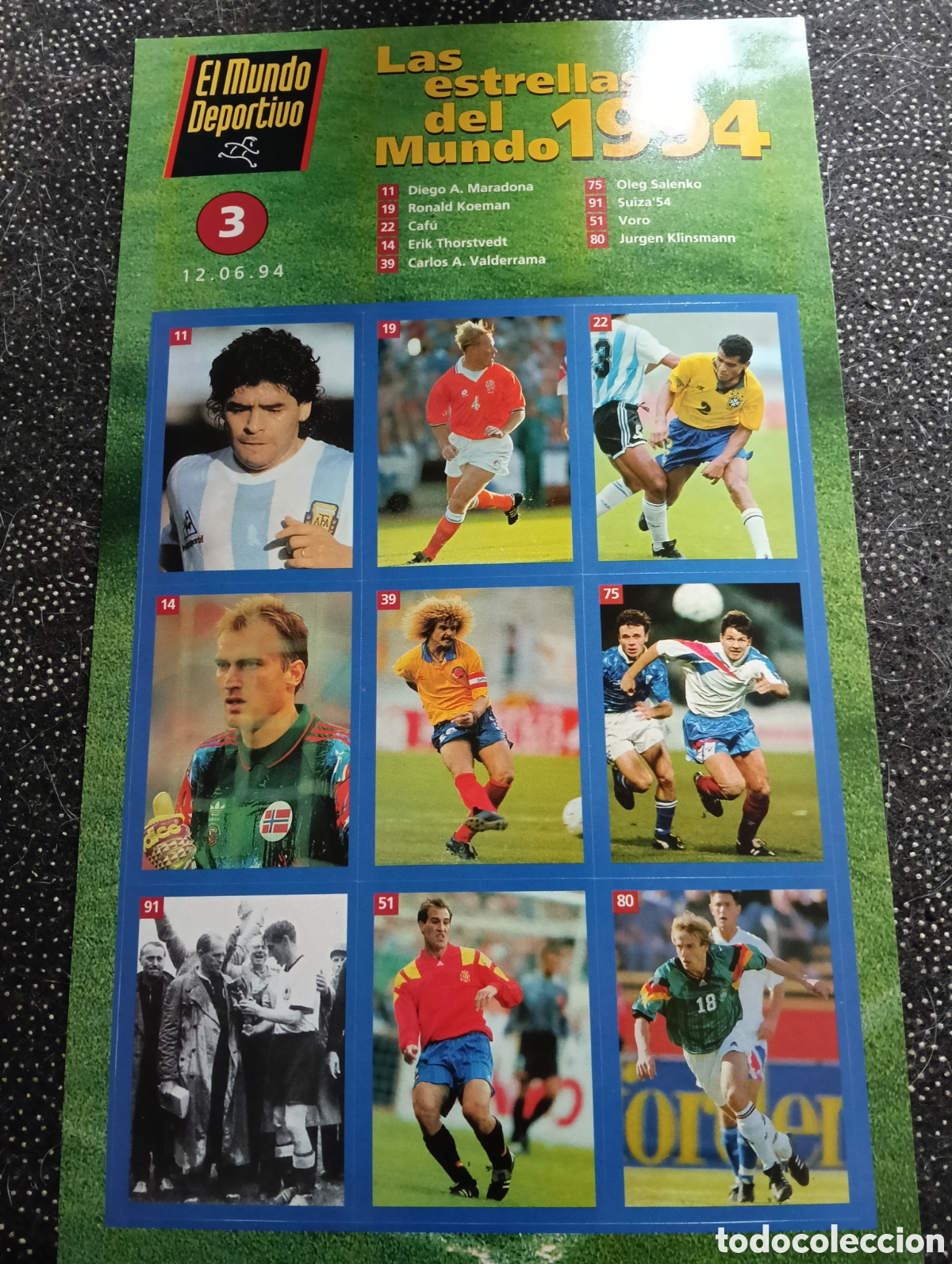 Cromos de f&uacute;tbol: Maradona, Ribaldo, etc. Las estrellas del mundo 1994, l&aacute;mina 9 cromos sin pegar, Maradona, muy buen