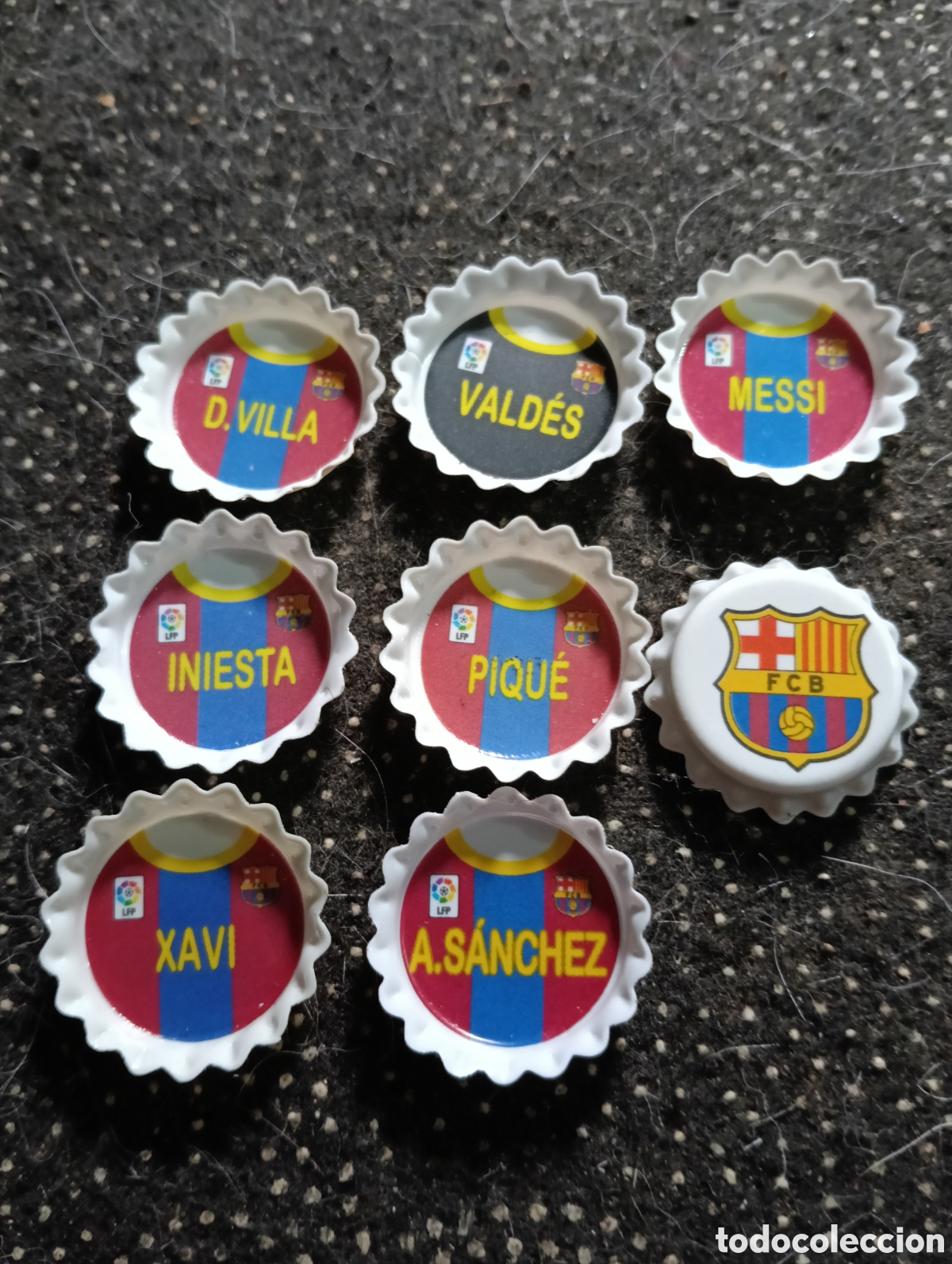 Fu&szlig;ball-Sticker: Lote de 7 chapas GREFUSA C.F. Barcelona. + 1 de regalo Messi, Vald&eacute;s, D. Villa, Piqu&eacute;, Iniesta, Xavi