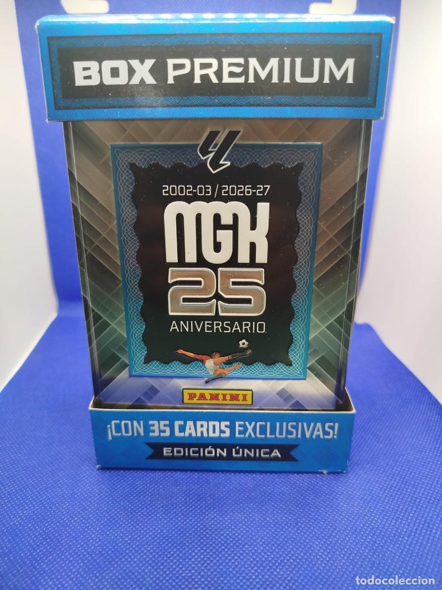 Cromos de f&uacute;tbol: PANINI MEGACRACKS 26 27 BOX PREMIUM 25 ANIVERSARIO MGK 35 CARDS + AUTO MESSI 1/1?