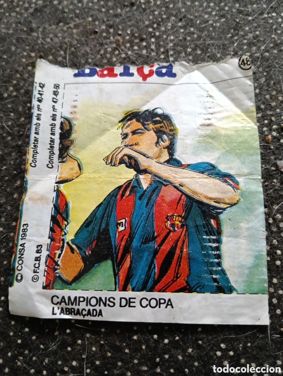 Cromos de f&uacute;tbol: Cromo Bar&ccedil;a Chiclet 1983 Maradona, Cruyff n&deg; 48 l'abra&ccedil;ada