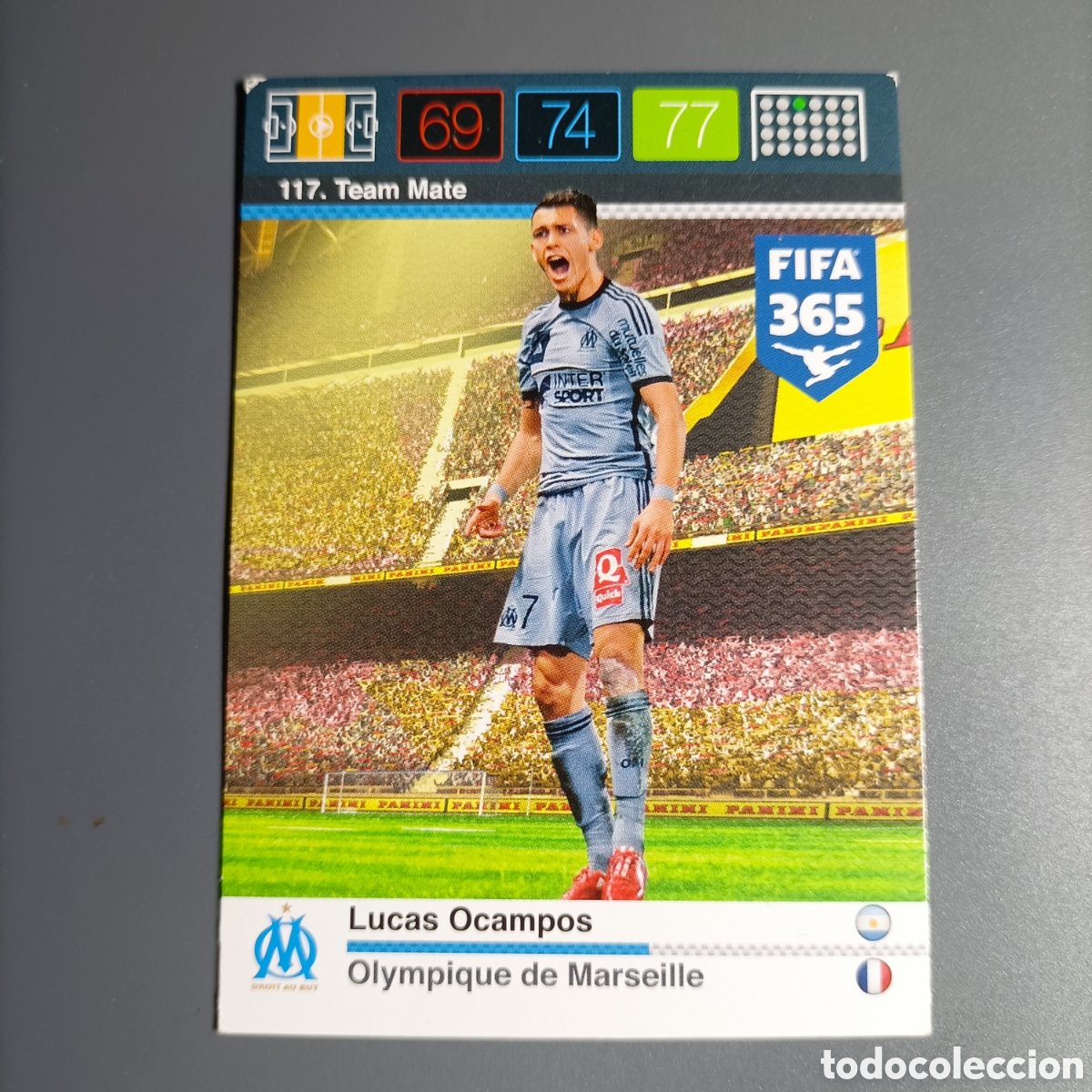 Football Stickers: ADRENALYN 2016 Panini FIFA 365. (OLYMPIQUE DE MARSEILLE). Team Mate. №117 LUCAS OCAMPOS