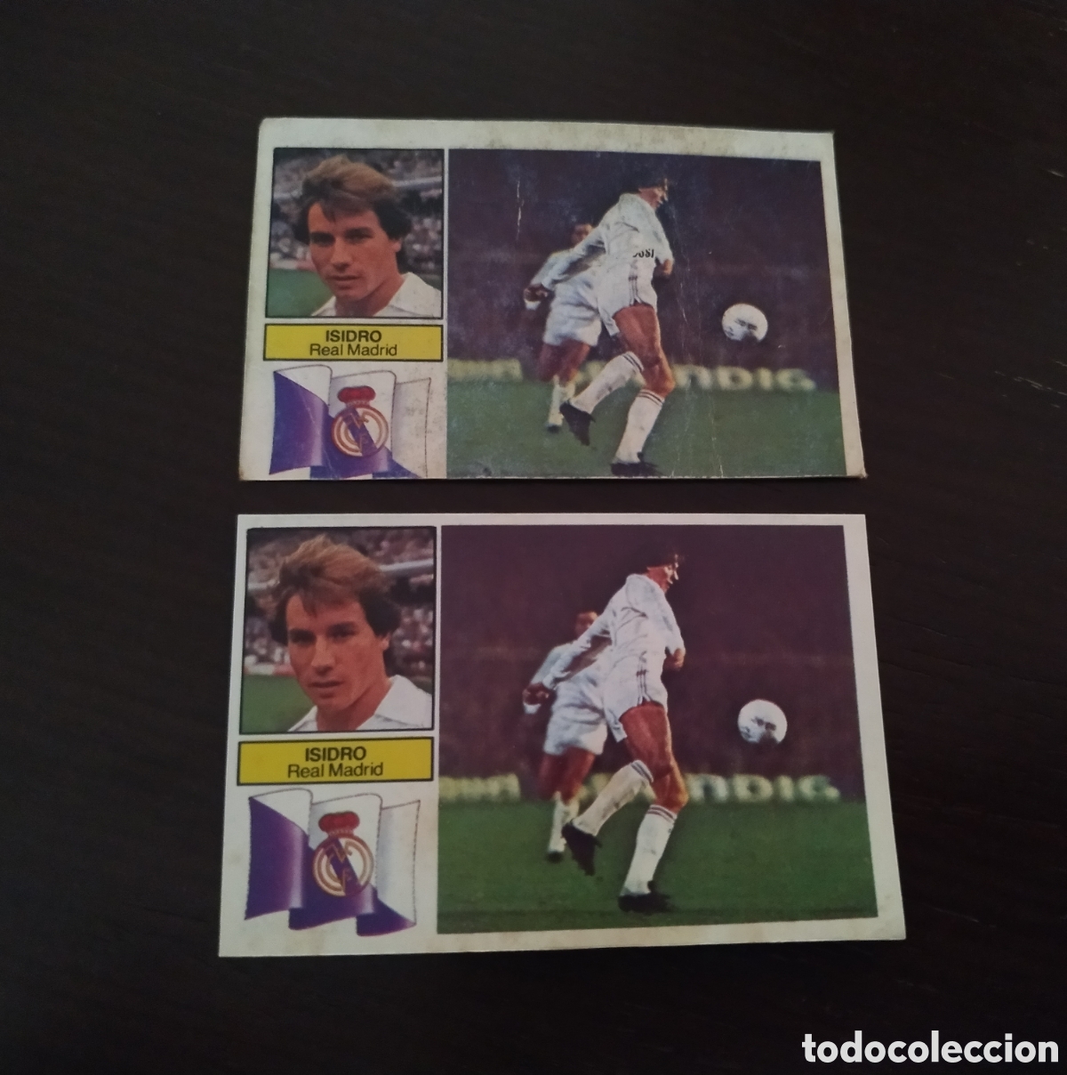 Cromos de f&uacute;tbol: ISIDRO 2 CROMOS LIGA ESTE 82 83 ISIDRO CON PUBLICIDAD REAL MADRID. NUNCA PEGADO
