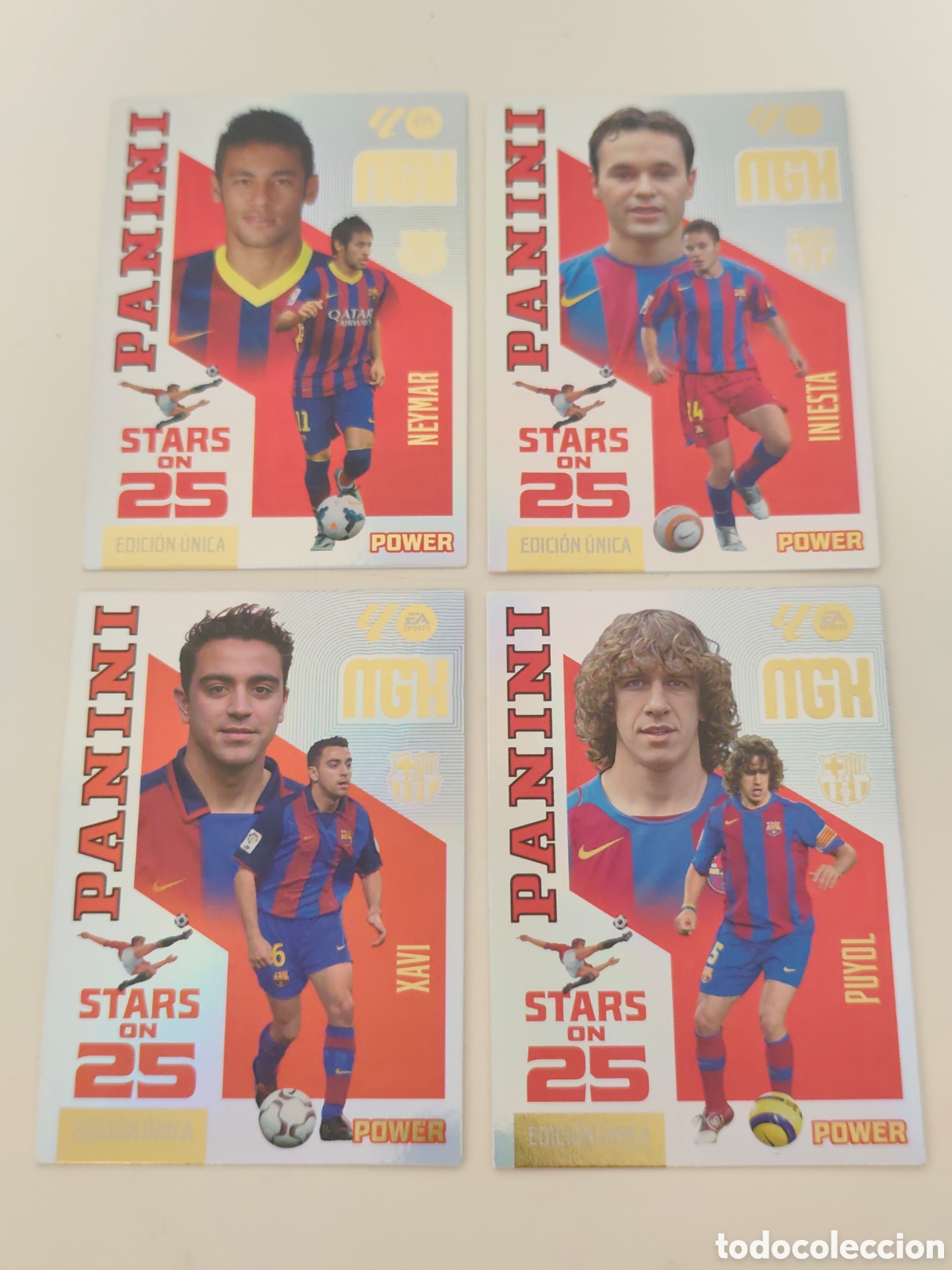 Cromos de f&uacute;tbol: 4 CARDS &Uacute;NICAS FC BARCELONA MEGACRACKS 2026 2027 25 ANIVERSARIO NEYMAR INIESTA XAVI