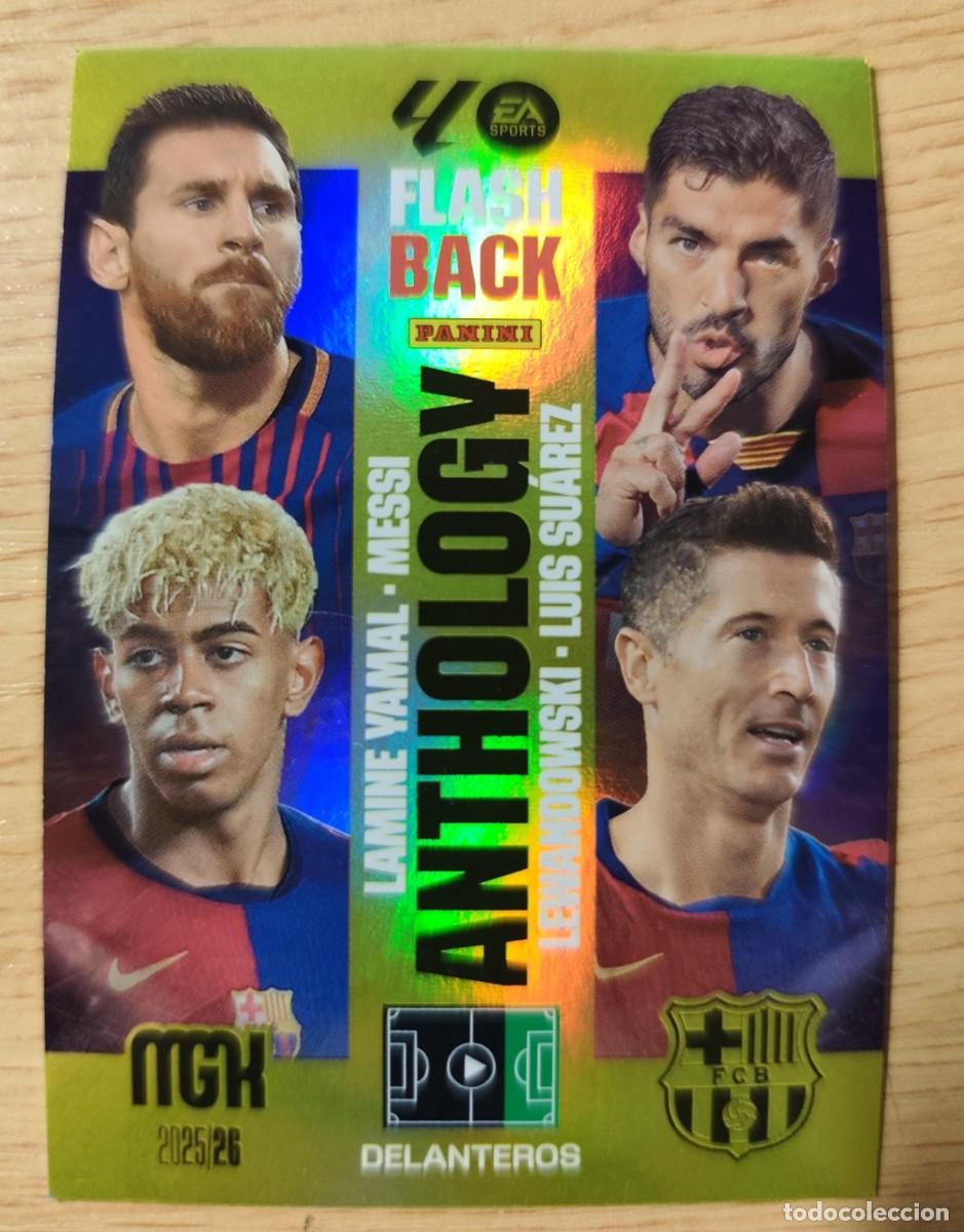 Cromos de f&uacute;tbol: CARD FOOTBALL 438 MESSI YAMAL SUAREZ LEWANDOWSKI FC BARCELONA FLASHBACK ANTHOLOGY MEGACRACKS 2025-26