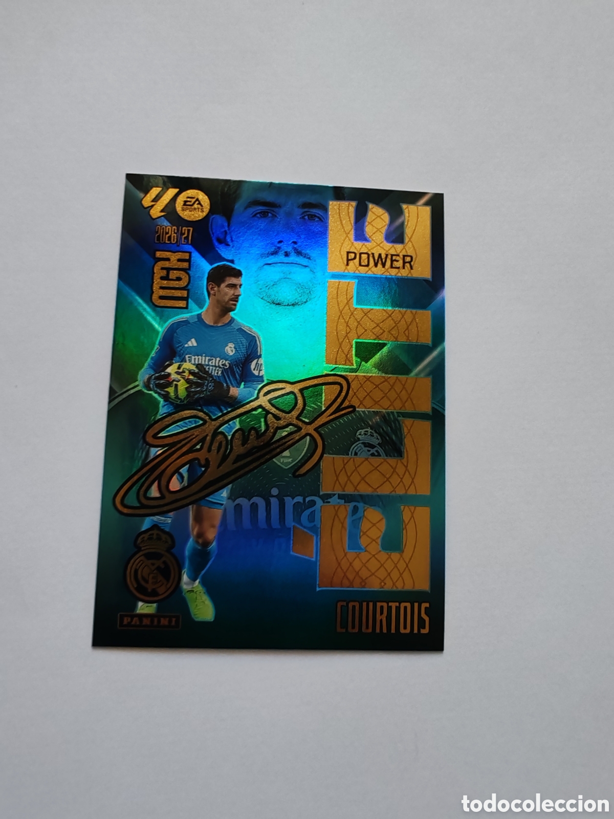 Cromos de f&uacute;tbol: Carta MEGACRACKS 26/27. NUEVO. ELITE POWER COURTOIS REAL MADRID FIRMADA NUM. 4P PANINI