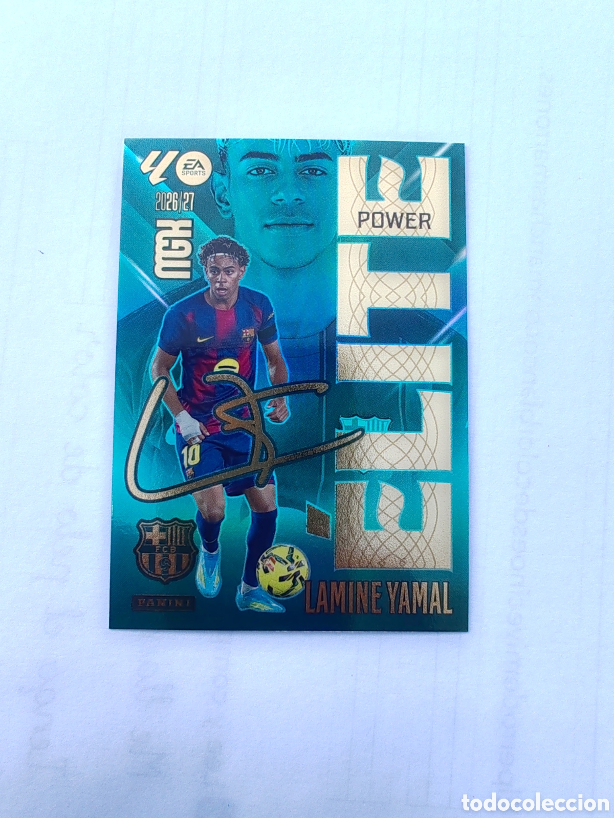 Cromos de f&uacute;tbol: Carta MEGACRACKS 26/27. NUEVO. ELITE POWER LAMINE YAMAL BARCELONA FIRMADA NUM. 9P PANINI