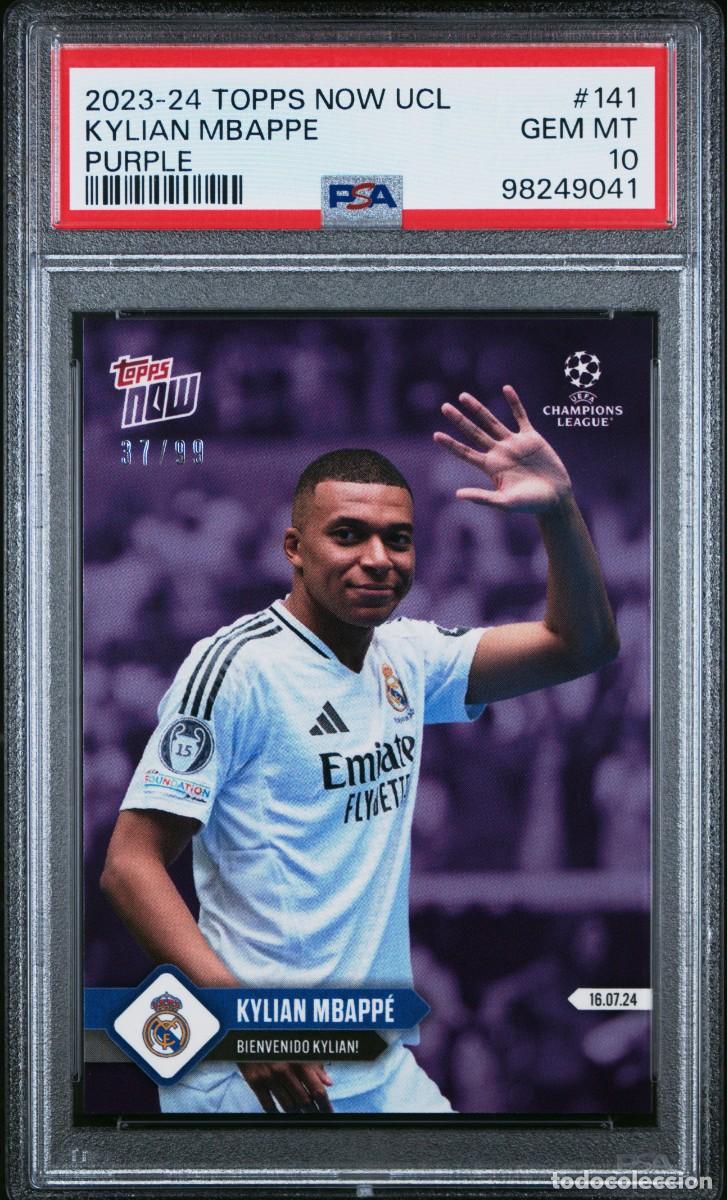 Cromos de f&uacute;tbol: Kylian Mbappe #141 Real Madrid 37/99 Topps Now Purple UCL 2024 25 PSA 10