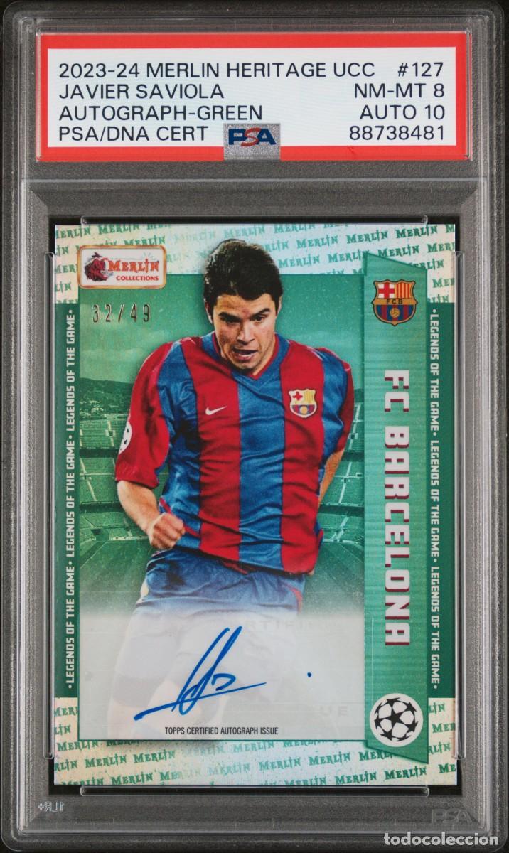 Cromos de f&uacute;tbol: Saviola #127 32/49 FC Barcelona Topps Merlin Heritage Green 2023 24 AUTO 10