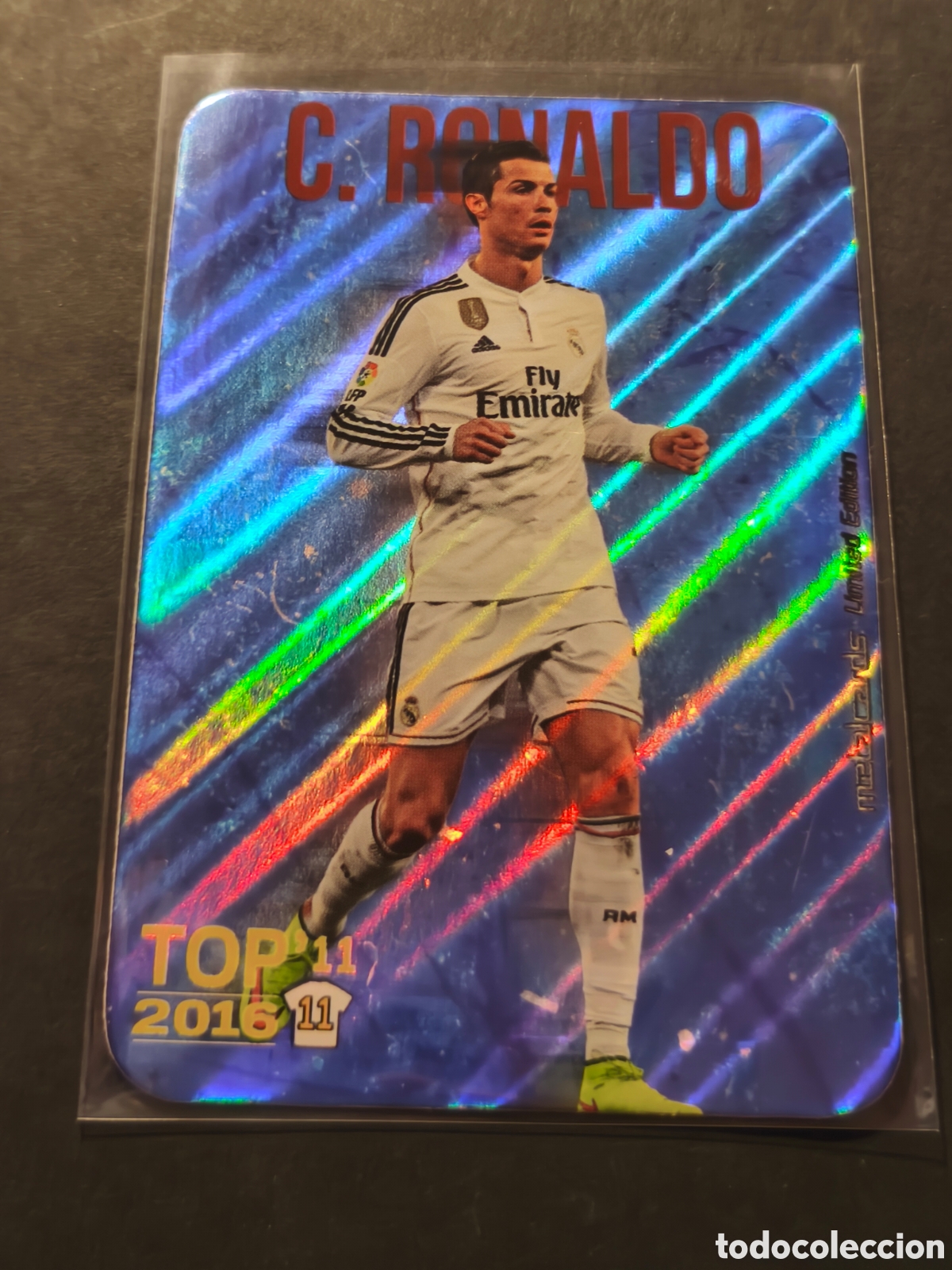 Cromos de f&uacute;tbol: CRISTIANO RONALDO REAL MADRID top 11 MUNDICROMO 2016 Versi&oacute;n Diagonales azul