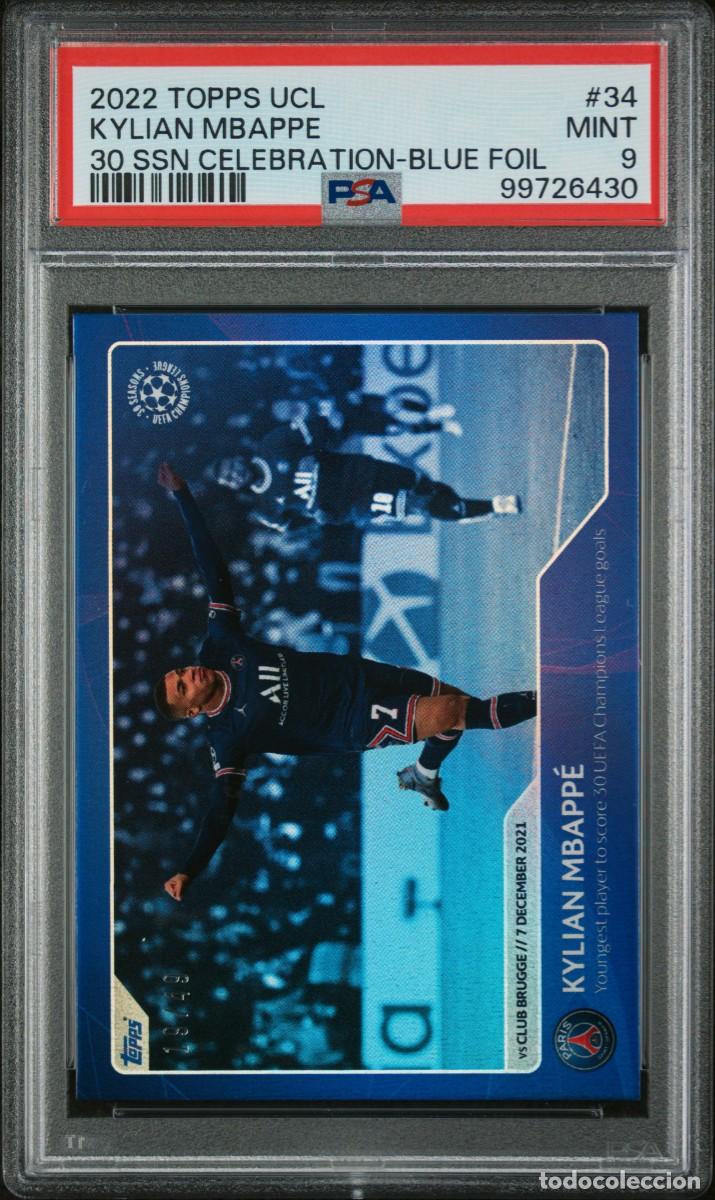 Cromos de f&uacute;tbol: Kylian Mbappe #34 Paris Saint Germain 19/49 Topps UCL Blue Foil 2022 PSA 9