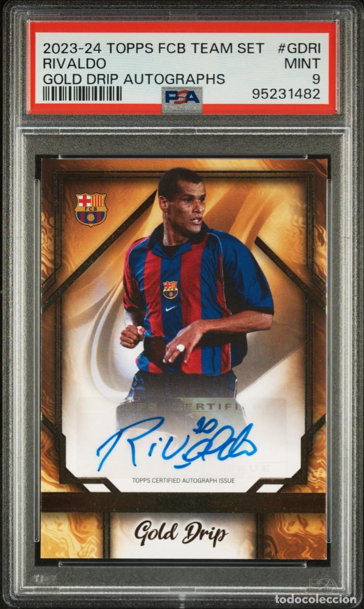 Cromos de f&uacute;tbol: Rivaldo FC Barcelona Topps Fan Set Gold Drip Autographs 2023 24 PSA 9
