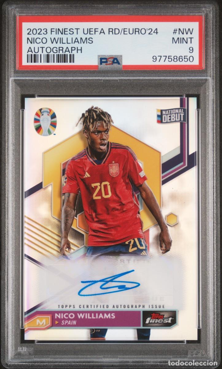 Cromos de f&uacute;tbol: Nico Williams Auto Espa&ntilde;a Topps Finest National Debut Refractor EURO 2024 PSA 9