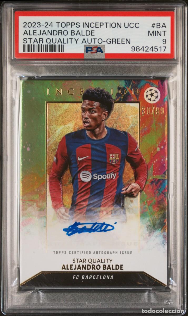 Cromos de f&uacute;tbol: Alejandro Balde 30/99 FC Barcelona Topps Inception UCC Auto Green 2023 24 PSA 9