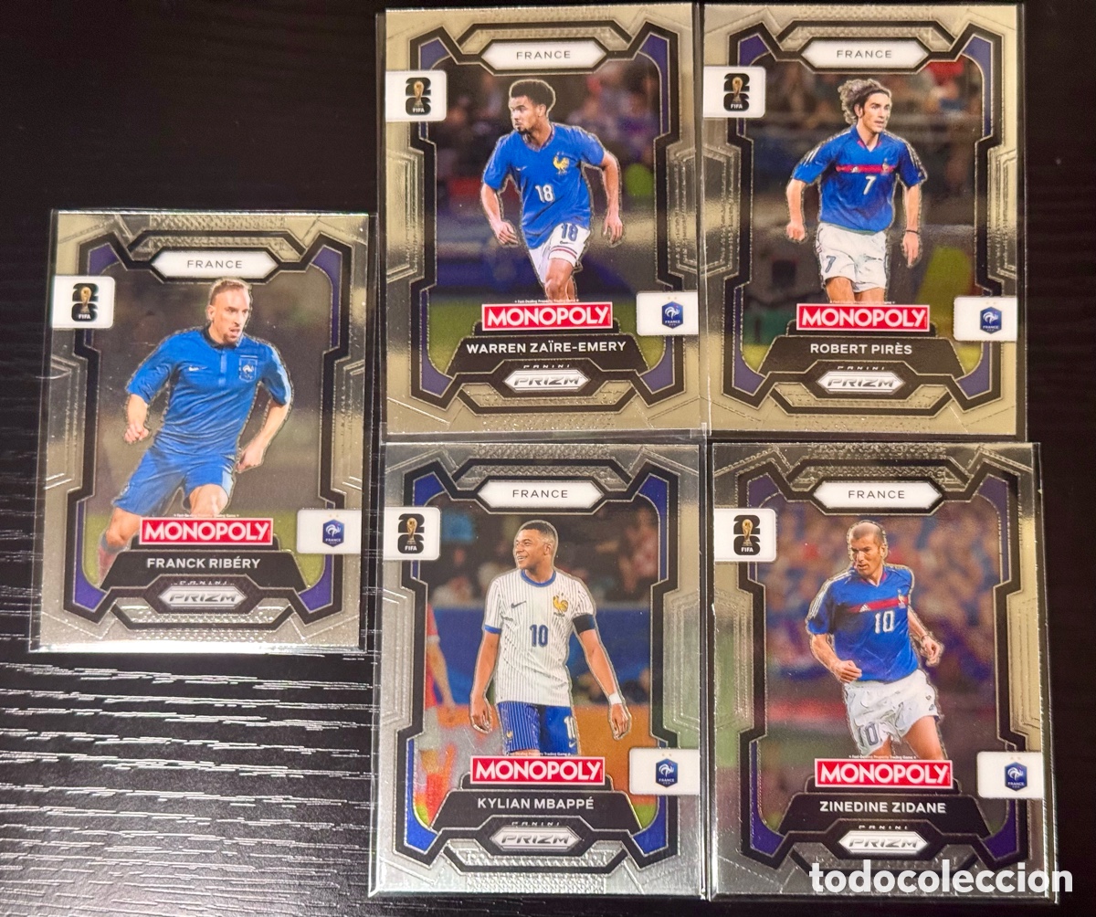 Cromos de f&uacute;tbol: Lote 5 Cartas / Cromos Panini Prizm Monopoly - Selecci&oacute;n de Francia (Zidane, Mbapp&eacute;...)