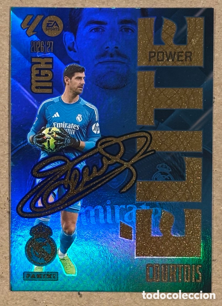 Cromos de f&uacute;tbol: COURTOIS (REAL MADRID ). CARTA POWER ELITE PANINI MEGACRACKS MGK 2026/27. #4P. CON AUT&Oacute;GRAFO IMPRES
