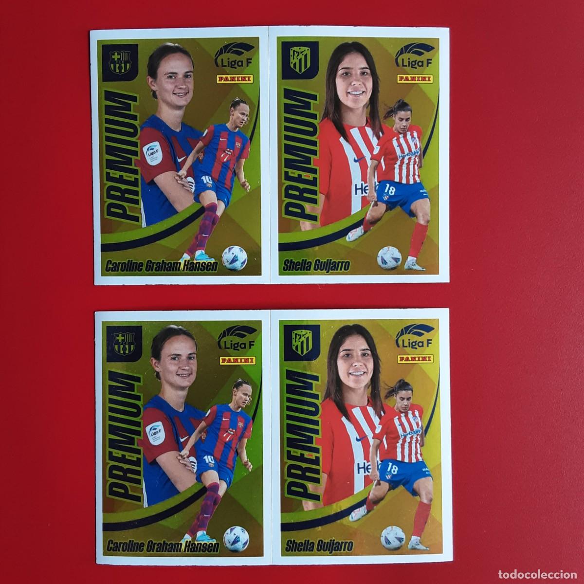 Cromos de f&uacute;tbol: 2 LAMINAS LIGA FEMENINA 2023 2024 PANINI PREMIUM JUGON GUIJARRO ATLETICO MADRID Y HANSEN BARCELONA