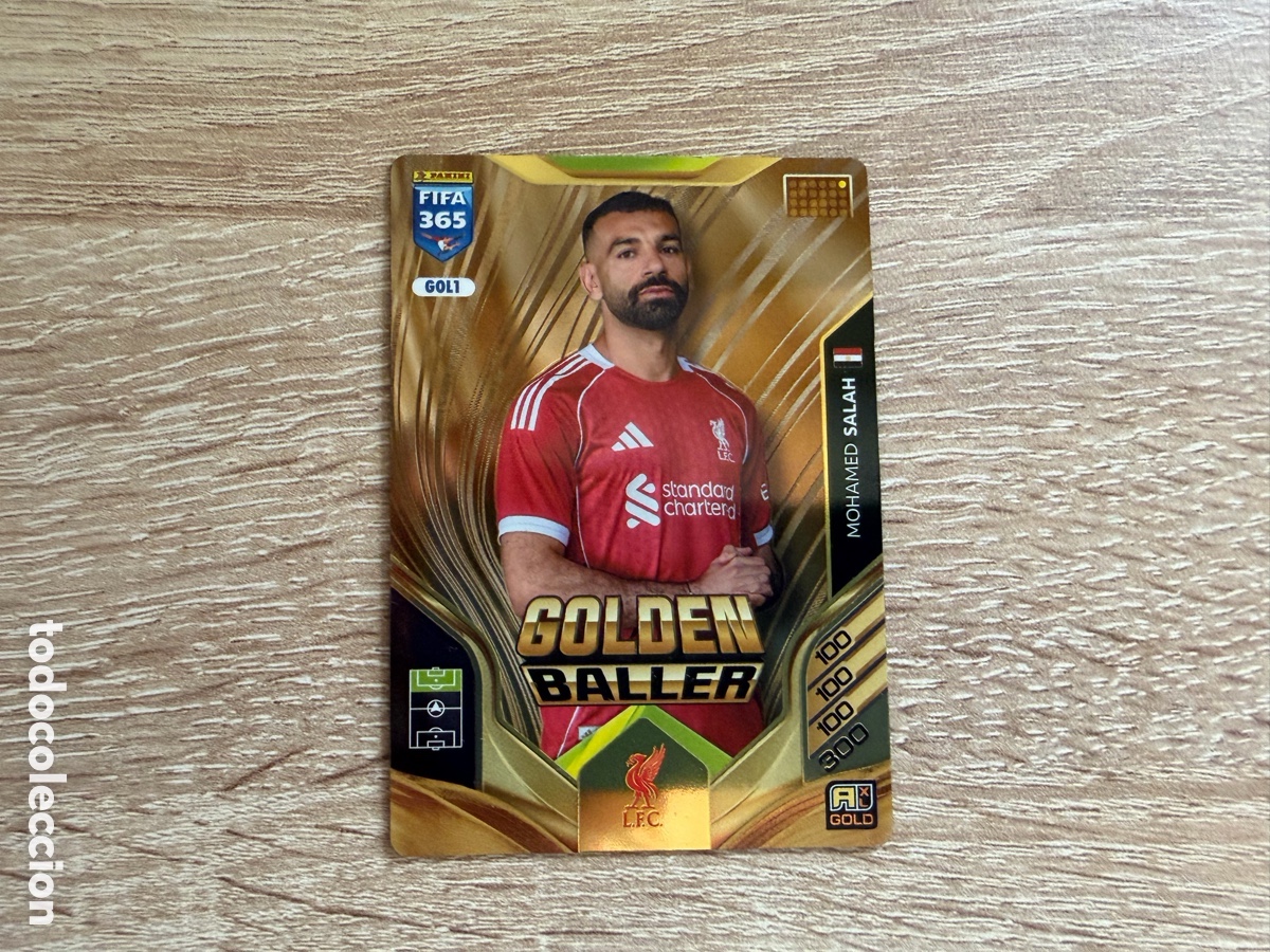 Figurine di Calcio: MOHAMED SALAH GOLDEN BALLER GOLD PANINI FIFA 365 2026 ADRENALYN XL LIVERPOOL
