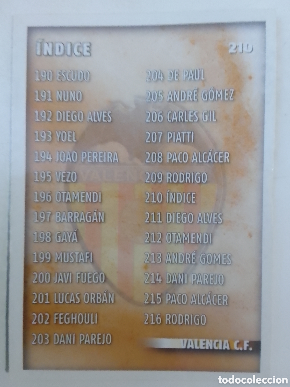 Cromos de f&uacute;tbol: Mundicromo 2015 n&deg; 210 &Iacute;ndice Valencia.