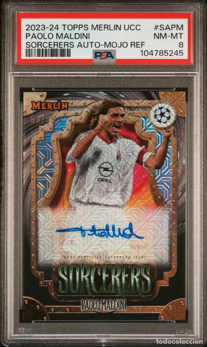 Football Stickers: Paolo Maldini 56/99 AC Milan Topps Merlin Sorcerers Auto Mojo 2023 24 PSA 8