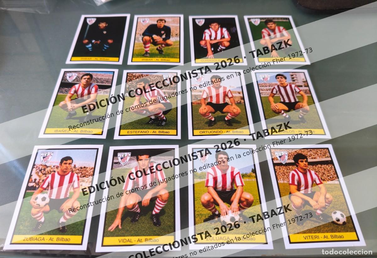 Cromos de f&uacute;tbol: Lote 12 cromos papel At. Bilbao EDICI&Oacute;N COLECCIONISTA 2026 FHER 1972-73 nunca editados DISGRA 72 73