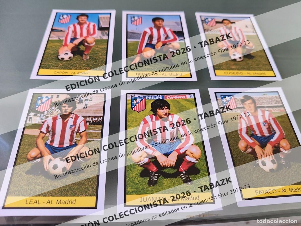 Cromos de f&uacute;tbol: Lote 6 cromos papel At. Madrid EDICI&Oacute;N COLECCIONISTA 2026 FHER 1972-73 nunca editados DISGRA 72 73
