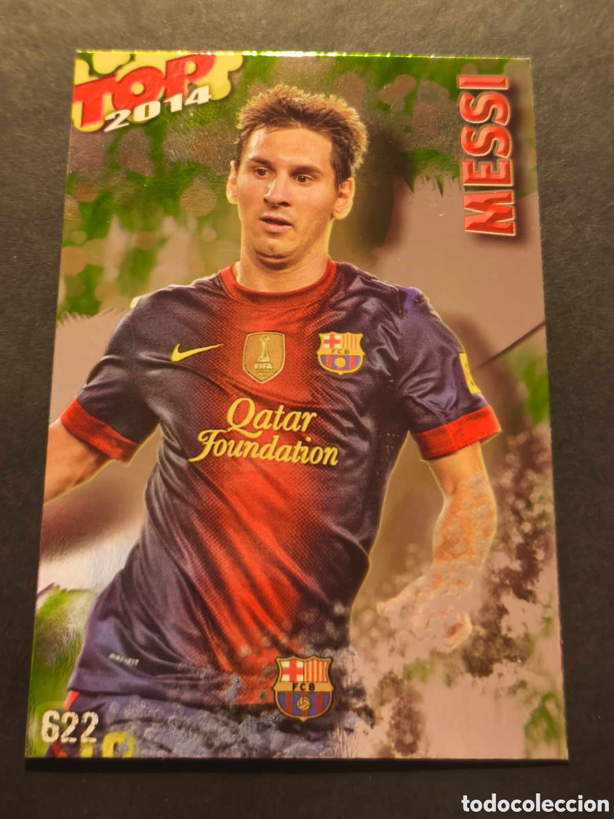 Football Stickers: 622 MESSI TOP 2014 FC BARCELONA MUNDICROMO FICHAS LIGA 2014 VERSI&Oacute;N FONDO VERDE