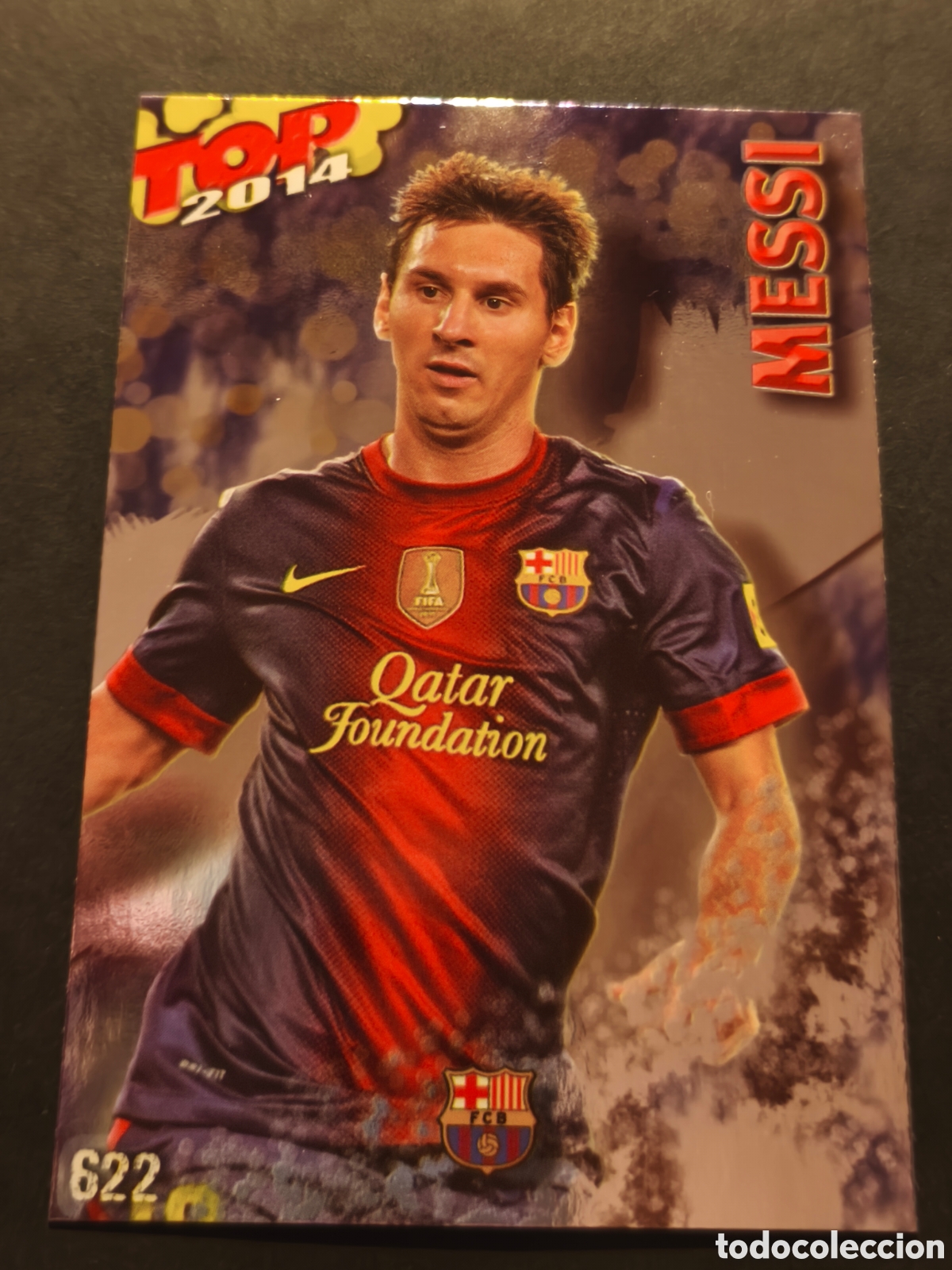 Football Stickers: 622 MESSI TOP 2014 FC BARCELONA MUNDICROMO FICHAS LIGA 2014 VERSI&Oacute;N FONDO MORADO-AZULADO