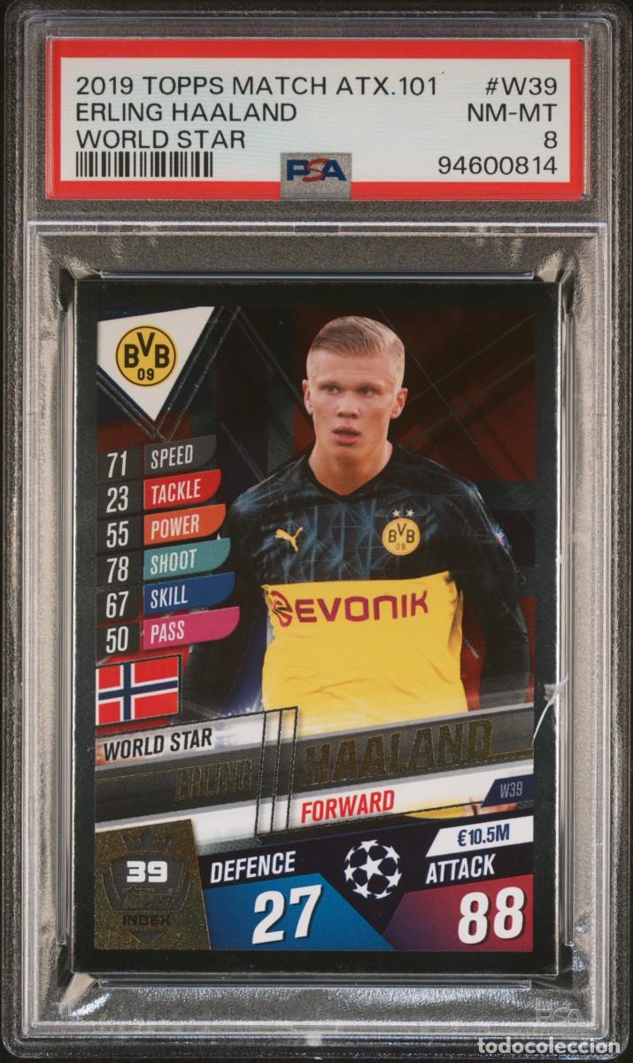Cromos de f&uacute;tbol: Rookie Erling Haaland W39 Borussia Dortmund Topps Match Attax Star 2019 20 PSA 8