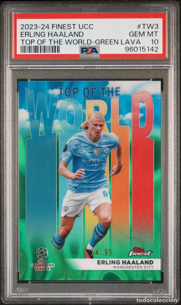Cromos de f&uacute;tbol: Erling Haaland #TW3 14/99 Manchester City Topps Finest Green Lava 2023 24 PSA 10